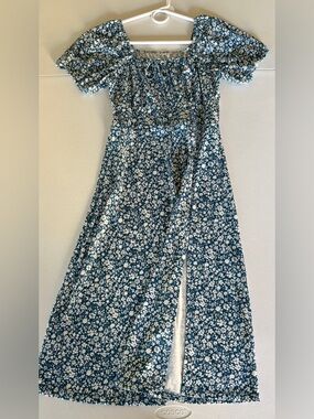 Blue Floral Puff Sleeve Dress Small Slit Cottagecore Spring
